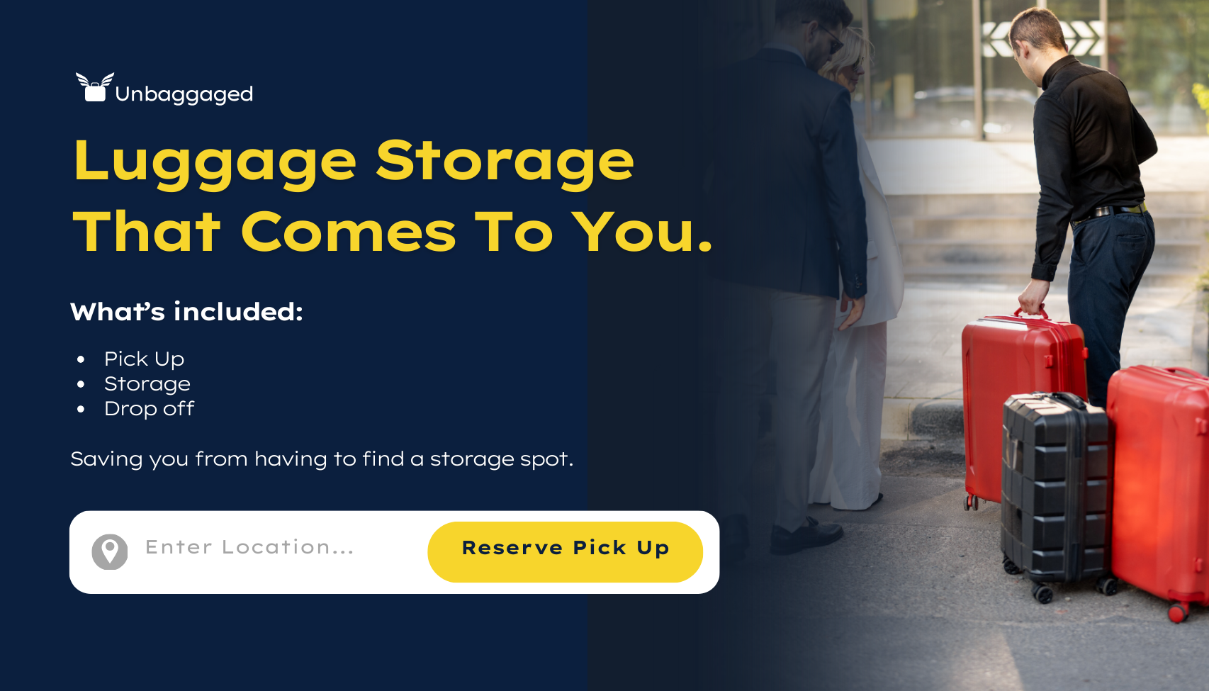 luggage storage pick up with man picking up couples luggage infront of hotel with book now button